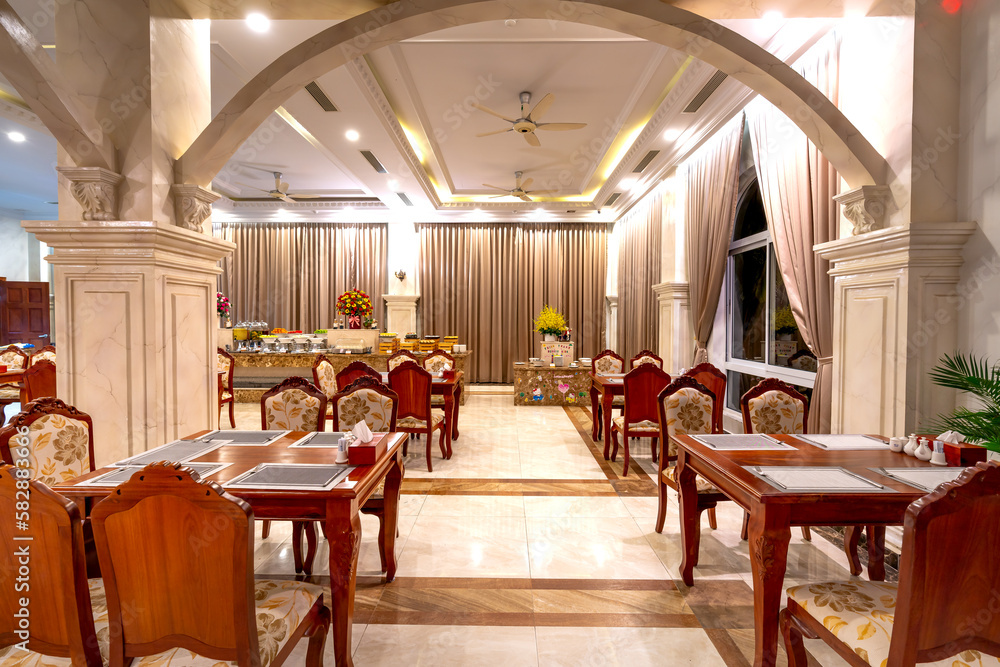 See the interior of the buffet breakfast room at restaurant of the in Thien Thanh 5-star hotel, Kien Giang province, Vietnam 