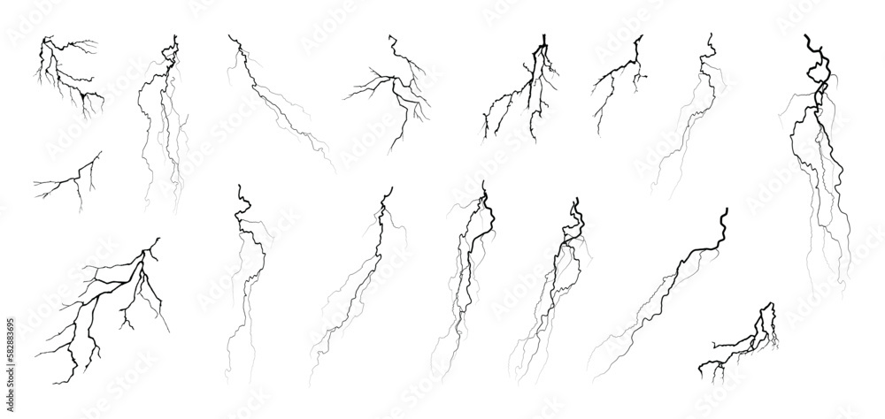 Single color, flat set lightning, electrical discharges, flash. Black Flat Lightning or electrical discharge on isolated on white background. Thunderstorm collection, big and small elements. Vector