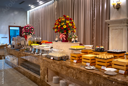 See the interior of the buffet breakfast room at restaurant of the in Thien Thanh 5-star hotel, Kien Giang province, Vietnam 
