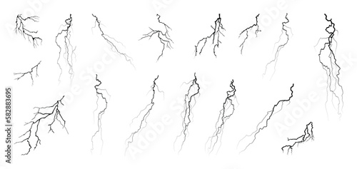 Single color, flat set lightning, electrical discharges, flash. Black Flat Lightning or electrical discharge on isolated on white background. Thunderstorm collection, big and small elements. Vector