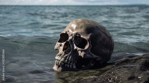 A human skull in the water in the ocean. Generative AI illustration.