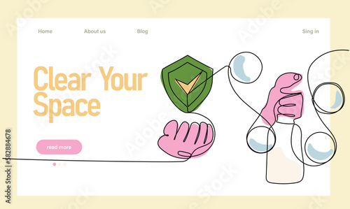 Home cleaning service landing page design concept, illustration of janitors with cleaning tools. Vector illustration