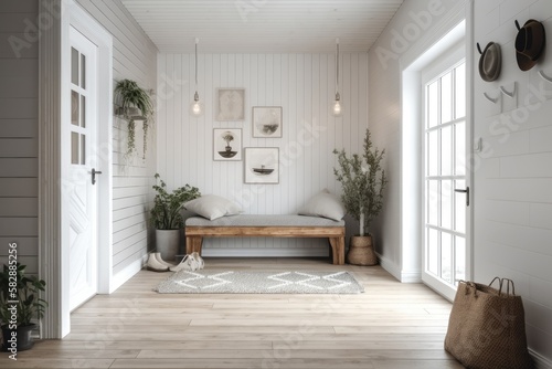 Interior of a hall in a Scandinavian farmhouse, mockup of the wall. Generative AI © AkuAku