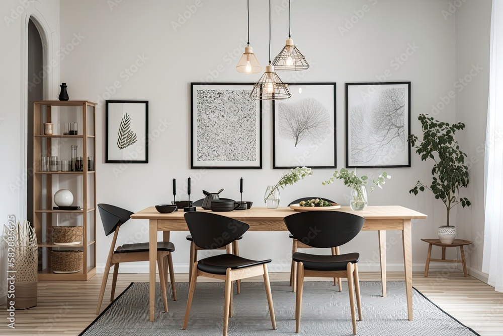 Elegant interior of a Scandinavian dining room with mock up poster ...