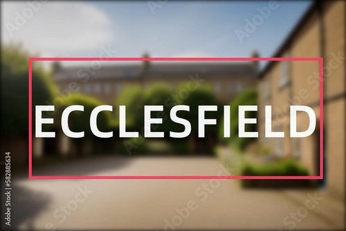 Ecclesfield: Der Name der britischen Stadt Ecclesfield in der Region Sheffield vor einem Hintergrundbild
