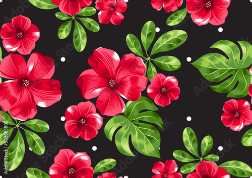 hawaii seamless floral pattern and white polka dot on black background, textile flowers elements, Hand drawn background, summer design fashion artwork for clothes, wallpaper, wedding