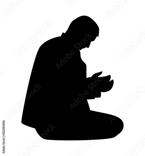 silhouette of muslim man praying dua. after salat. side view. concept of worship, ramadan, islam, religion. vector illustration