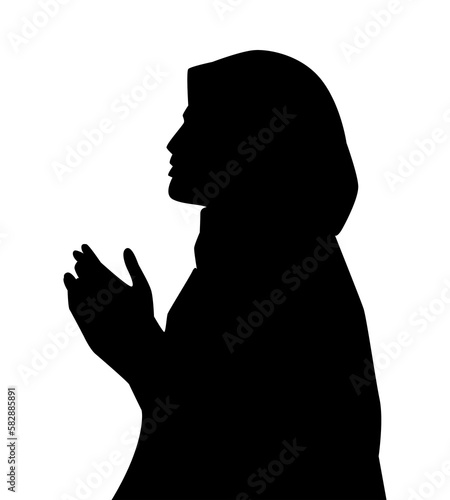 silhouette of muslim woman praying dua. side view. concept of worship, ramadan, islam, religion. vector illustration