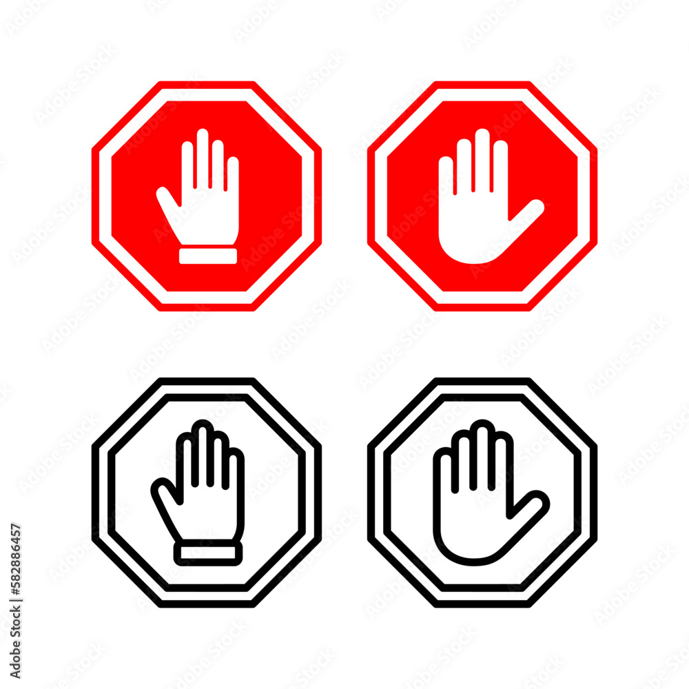 Fototapeta premium Stop icon vector illustration. stop road sign. hand stop sign and symbol. Do not enter stop red sign with hand