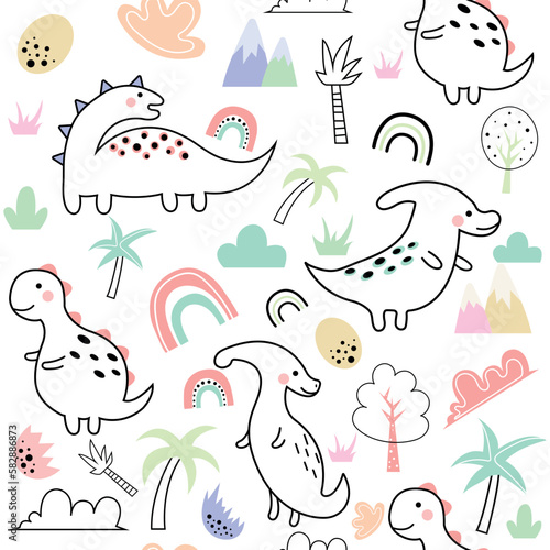 Cute dinosaurs and tropical plants. Funny cartoon dino seamless pattern. Hand drawn vector doodle design for girls, kids. Hand drawn, childish drawing for fashion clothes, shirt, fabric