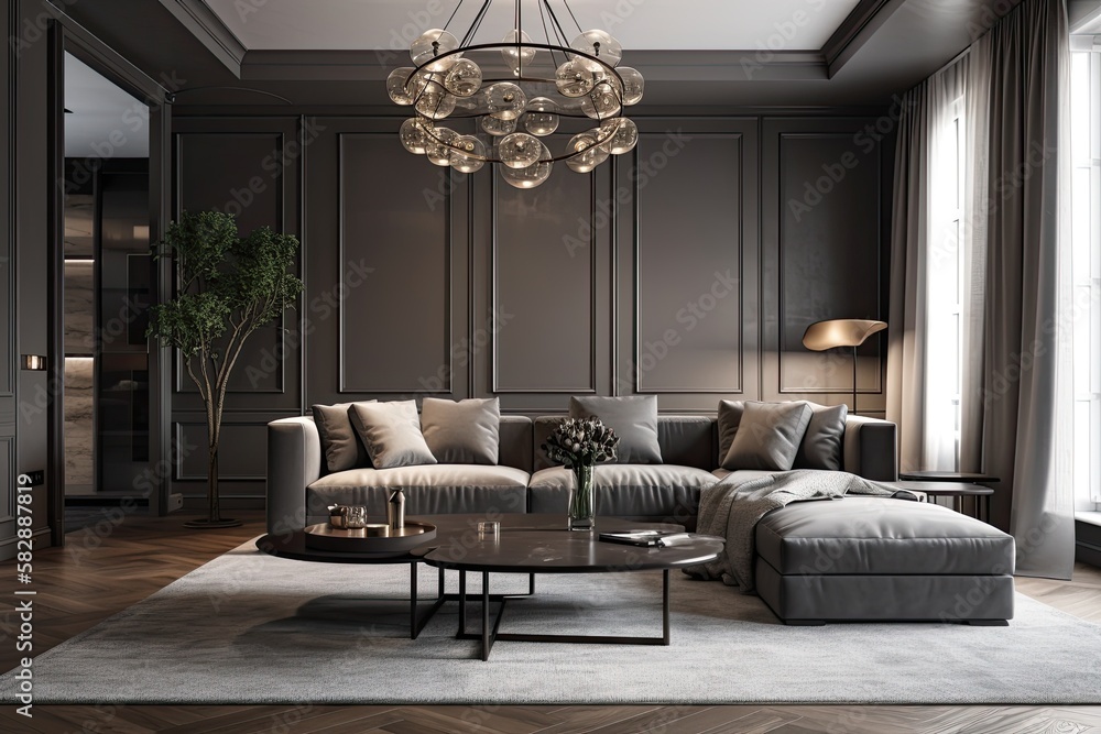 Fototapeta premium luxury gray living room design, panorama, empty wall mockup,. Generative AI