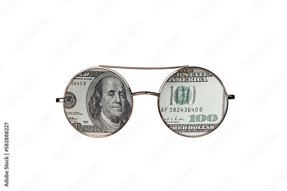 Round shape golden frame glasses with american cash money lenses isolated cutout on transparent Round shape golden frame glasses with american cash money lenses isolated cutout on transparent