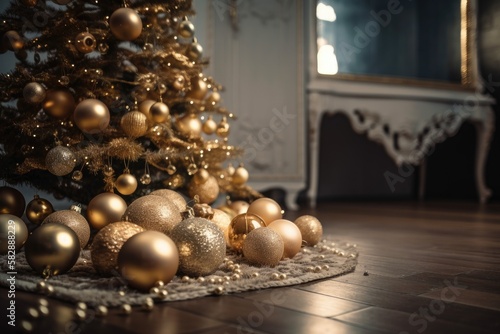 Christmas tree with lights and ornaments on a gold toy background. Generative AI