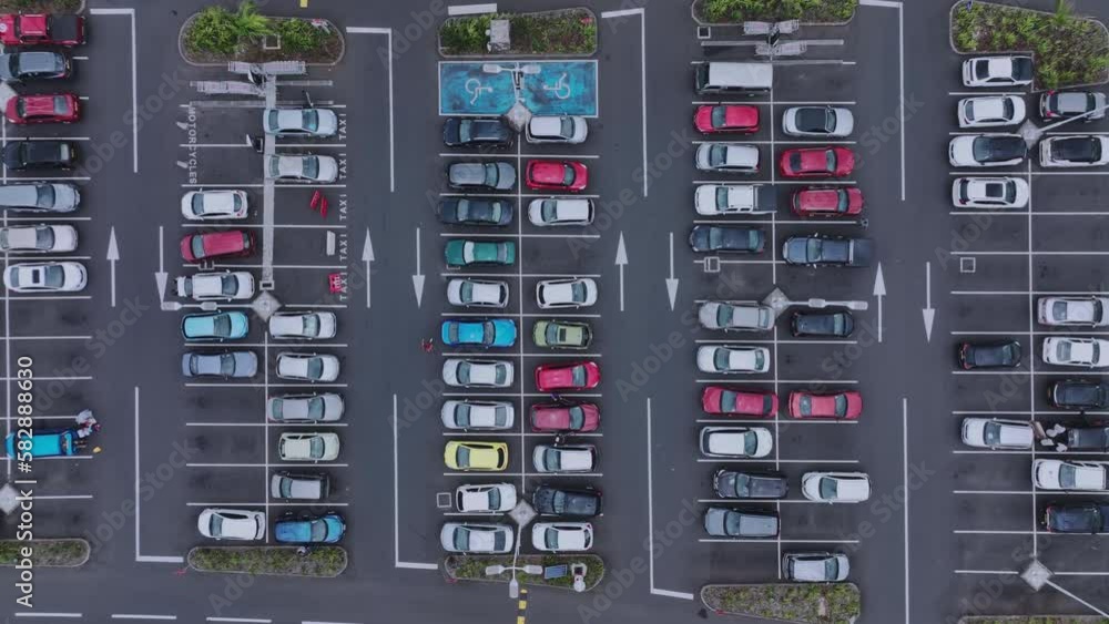 Top View Of A Large Parking Lot With Cars, Aerial Top View Of A Large Parking Lot With Cars, Aerial