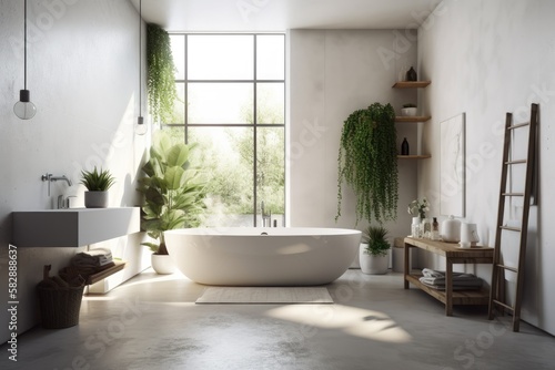 A contemporary bathroom s interior features white walls  a concrete floor  a white bathtub  and a shelf holding lotions and shampoo. plants in pots. Generative AI
