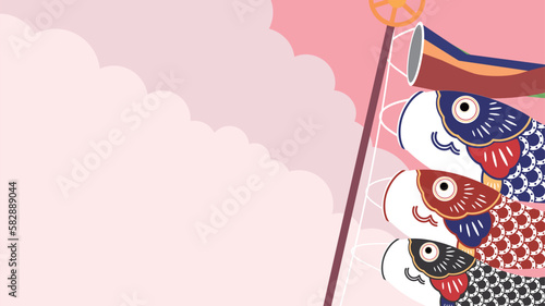 雲が広がる空と様々な鯉のぼりの背景テンプレート2（ピンク）　Sky with clouds and various carp streamers background template 2 (pink)