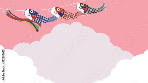 雲が広がる空と様々な鯉のぼりの背景テンプレート1（ピンク）　Sky with clouds and various carp streamers background template 1 (pink)