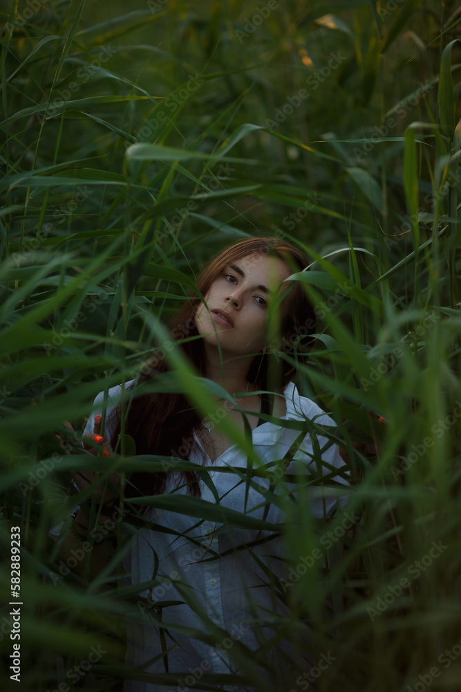 Young beautiful childfree lonely white woman in light shirt in thickets of sedge marsh grass. Concept of loneliness, depression, appeasement, unity with nature, relaxation, pleasure. Summer evening Young beautiful childfree lonely white woman in light shirt in thickets of sedge marsh grass. Concept of loneliness, depression, appeasement, unity with nature, relaxation, pleasure. Summer evening