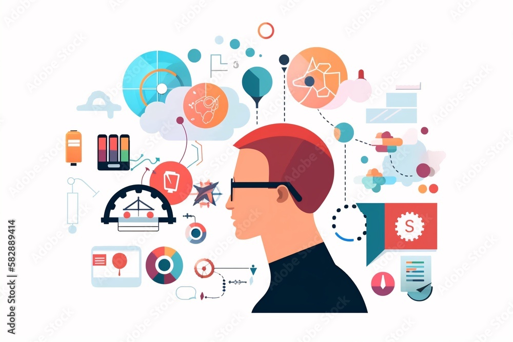 a thinker with graphics about knowledge around his head. a thinker with graphics about knowledge around his head.