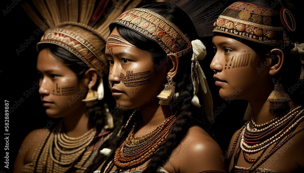 Tribal Amazonian Women in Traditional Headdress