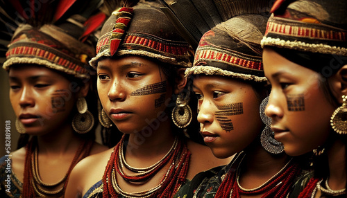 Amazonian Tribal Women in Traditional Headdress Generative Ai. V2