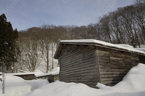 wooden house with snow in the forest