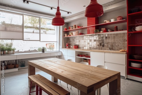 Cordoba, Argentina, kitchen with white furniture and red artifacts for architecture and decoration. Generative AI