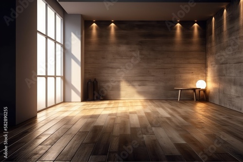 contemporary interior design A room with wooden floors and decorative walls  lit in the morning by the window  Blank space for displaying household products  Background  Overlay  Template  and Home