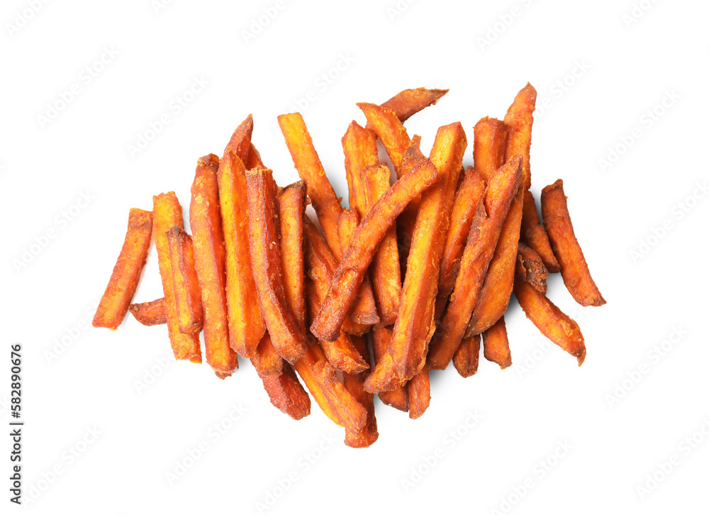 Delicious sweet potato fries on white background, top view