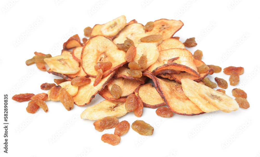 Tasty dried apples and raisins on white background