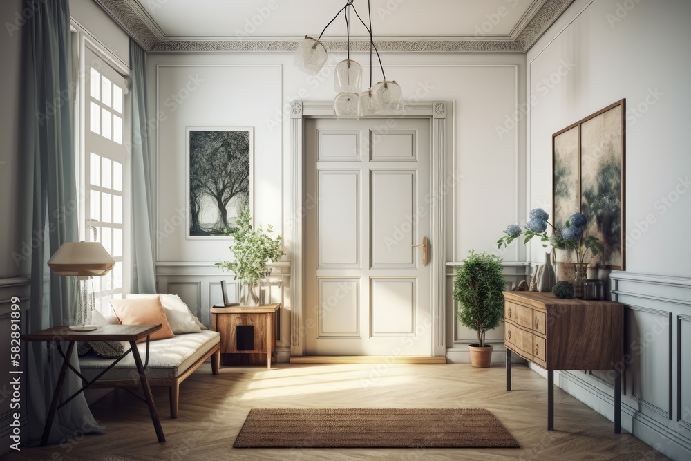 Fototapeta premium A vertical poster next to the door, books, flowers in a vase on a wooden console, a serving table with dark wooden seats next to a light sofa with pillows, and a bright modern classic room are all fea