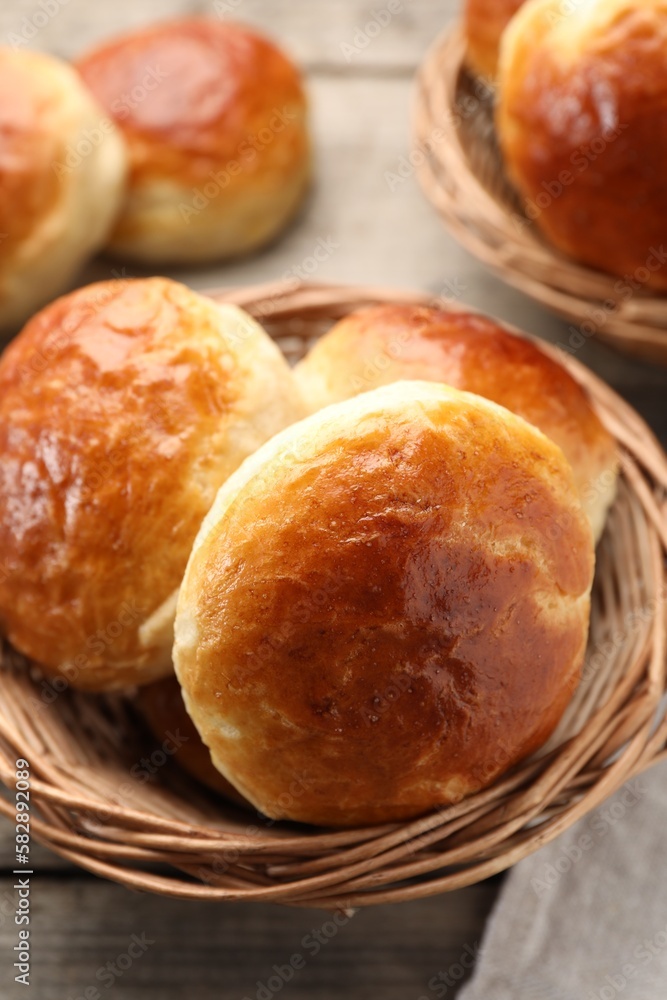 Freshly baked soda water scones on wooden table, closeup Freshly baked soda water scones on wooden table, closeup