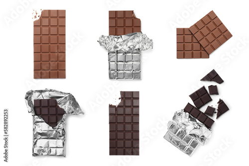 Collage with tasty different chocolate bars on white background, top view
