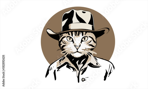 funny kitten cat cowboy with fedora  hat dressed as Indiana Jones vector illustration 