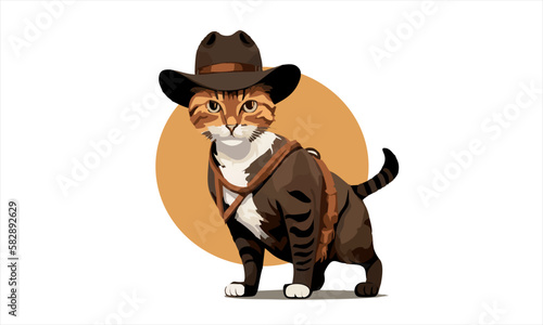funny kitten cat cowboy with fedora  hat dressed as Indiana Jones vector illustration 
