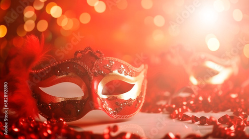 Venetian masks on red glitter shiny streamers on abstract defocused bokeh lights