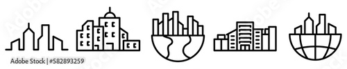 Conjunto de iconos de ciudad y edificios. Arquitectura panorámica. Ilustración vectorial