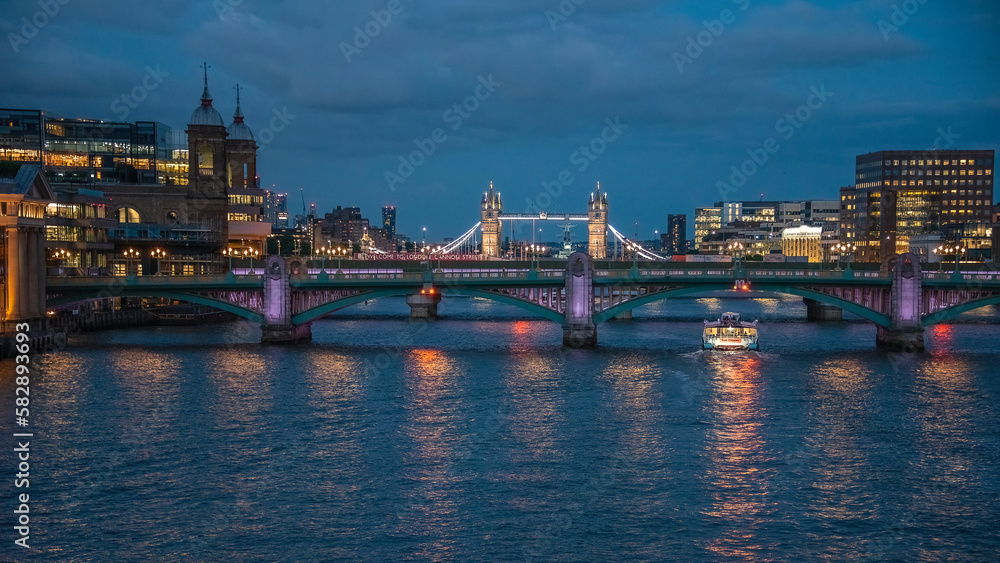 London Tower Bridge at sunset on May 26, 2022.