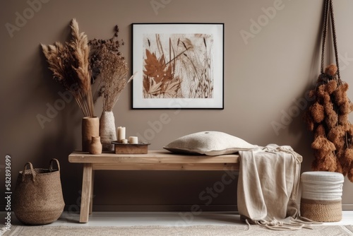 Scandinavian composition with a wooden bench, dried flowers in a vase, decorating, and personal items. Modern and chic interior design. Template. Generative AI