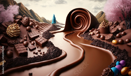 AI Generated Art of amazing and fantastic chocolate rivers and icecream houses