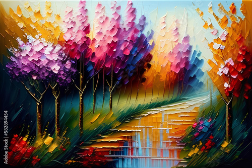 Colorful Leaves Tree Pathway Painting