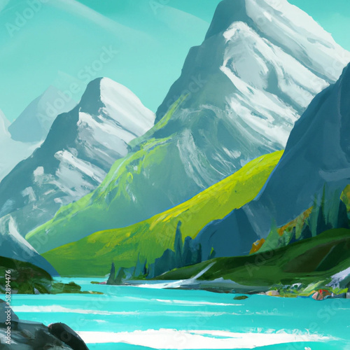 mystical tall mountains with sparkling river and small campsite - Generated AI © Cristina