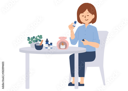 アロマオイルの香りを楽しむ女性のイラスト