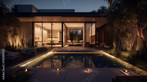 Modern Zen Garden with Sunken Hot Tub, Art Deco Style House, and Generative AI © avrezn