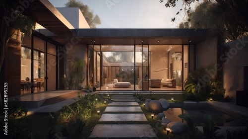 Modern Zen Garden with Sunken Hot Tub, Art Deco Style House, and Generative AI