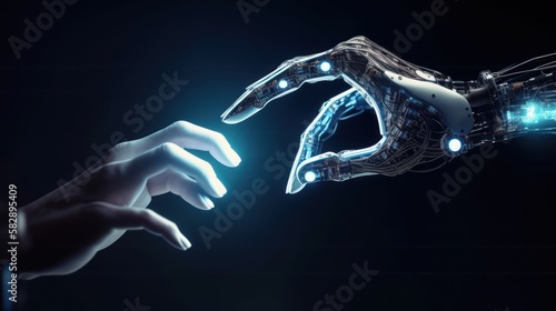 AI, Machine learning, Hands of robot and human touch on big data network, Brain data creative in light bulb, Science and artificial intelligence technology, GENERATIVE AI
