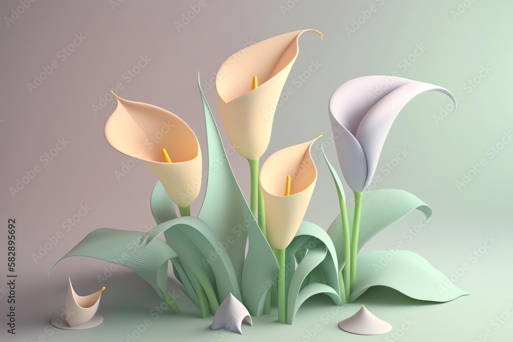 3D Calla lily Avatar with Exquisite Detailing and Soft Pastel Coloring in Cartoon Style - obrazy, fototapety, plakaty 