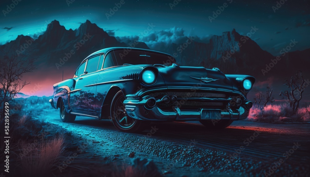 blue car on the neon road