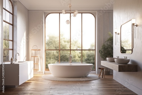 White bathtub, double sinks, and a bathroom nook with a wooden floor. a window with a view. a mockup. Generative AI