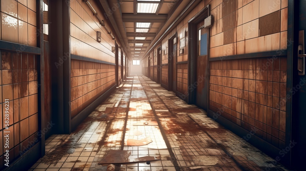 Empty hospital corridor background. Generative AI technology.
Empty hospital corridor background. Generative AI technology.